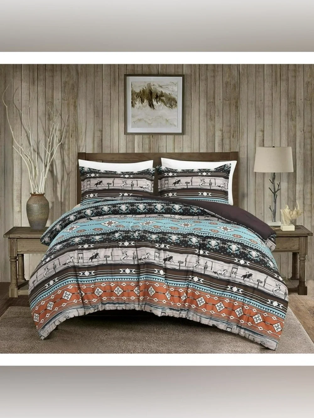 Southwestern Pattern Turquoise and Rust Queen 3 piece Comforter Set